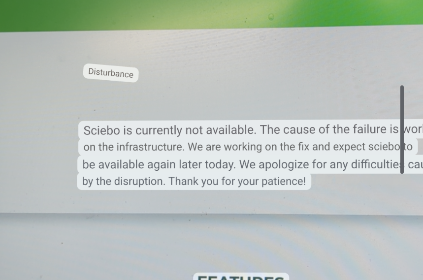 Translated post of sciebo.de: informing about a disturbance due to infrastructure. Brilliant because vague