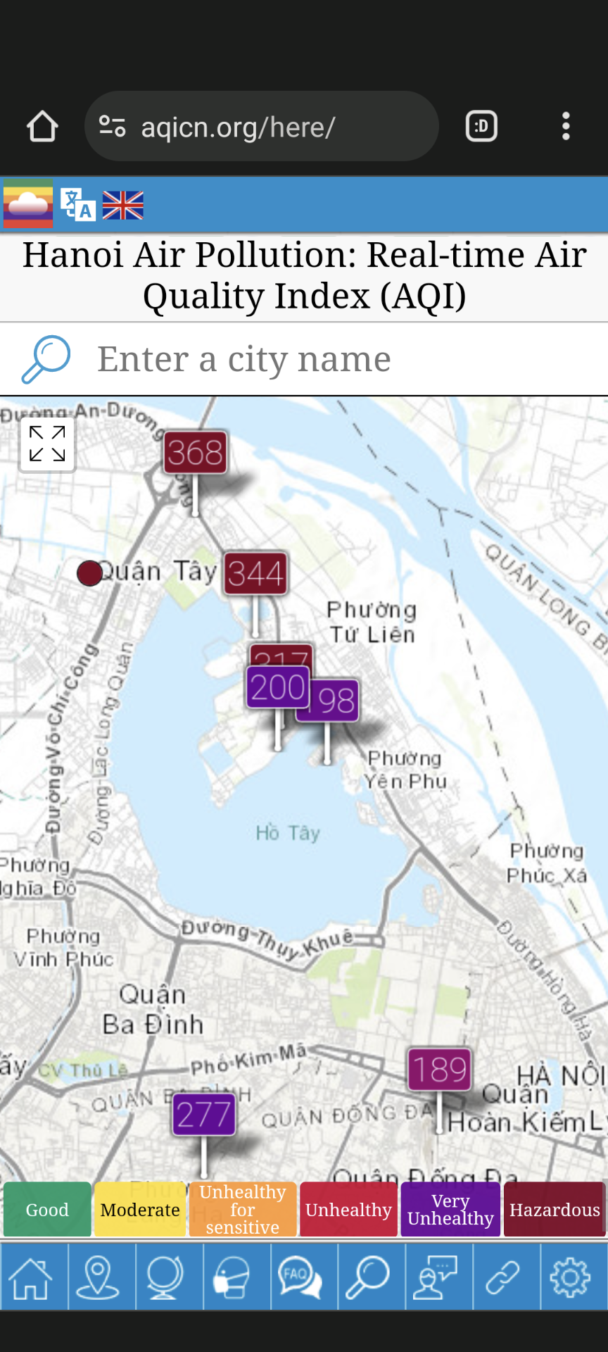 AQICN map of northern central Hanoi. You see pins with Air Quality numbers and corresponding alarm colours. It's between 200 and in some places going well beyond 300. Purple and brown. Very unhealthy and hazardous.