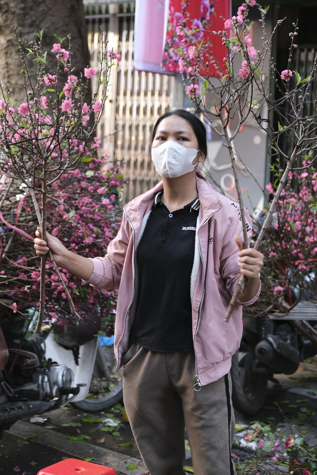 A woman holding two cherry blossom branches, waiting for customers to buy it. She wears a white masks and casual clothing. Her face signals waiting, and perhaps a bit of stress. Many potential customers are on this road. In the background, there aer more trees, and a white fence.